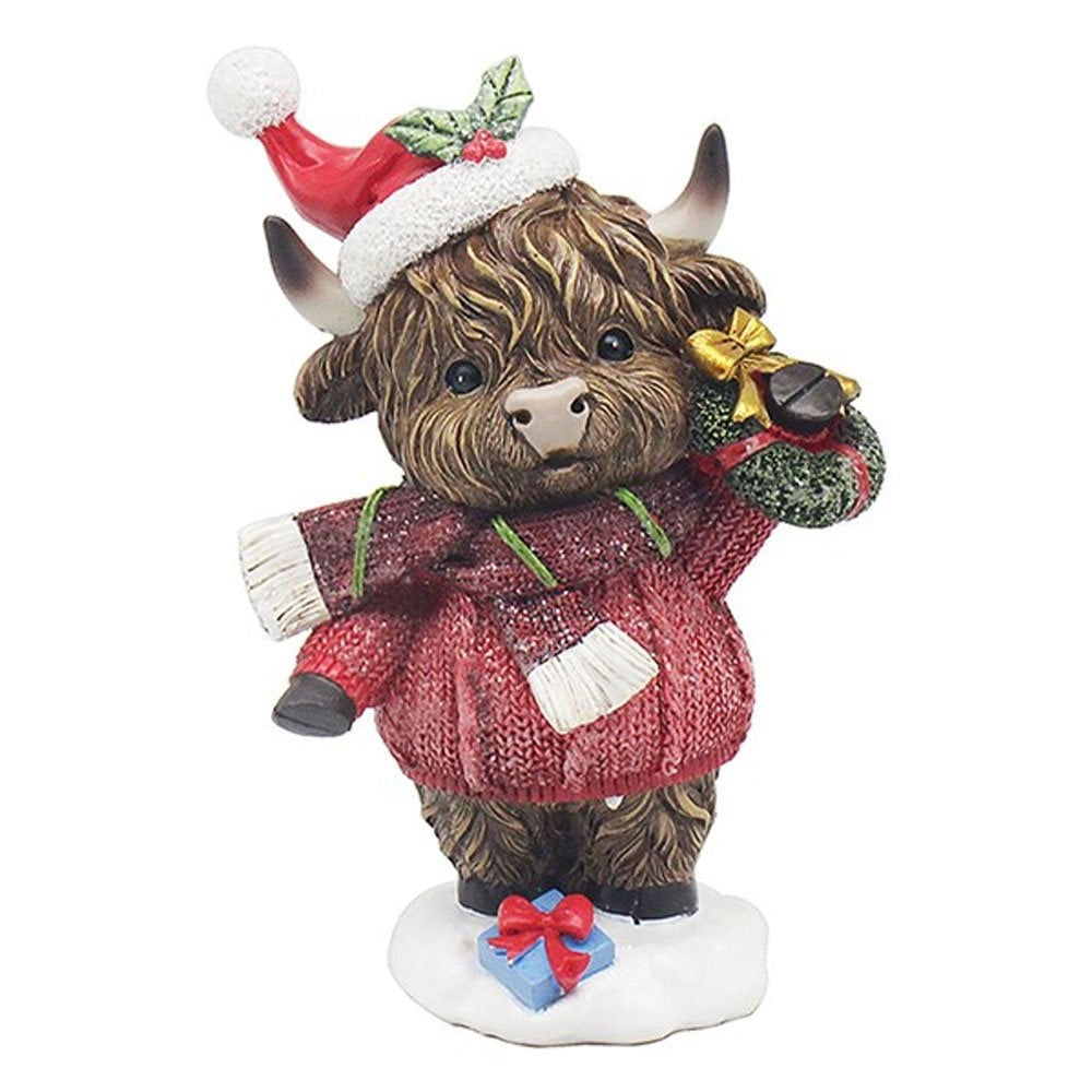 Christmas Highland Cow Girl Figurine