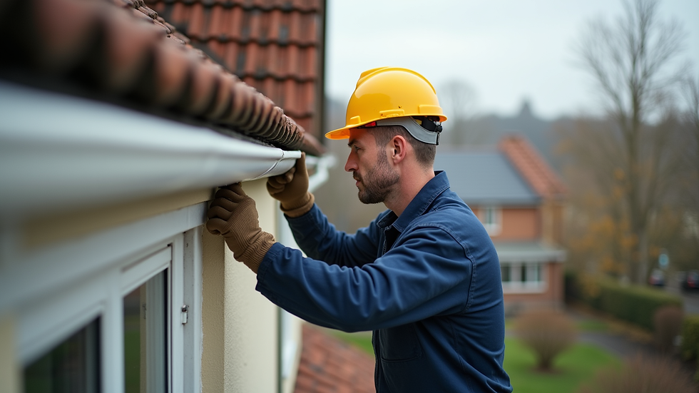 Eye-level view of a technician repairing a gutter on a residential building