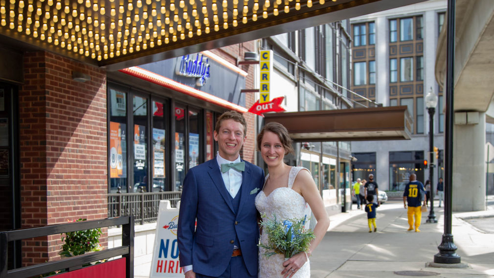 Meghan and Brandan below the Madison marquee in Detroit
