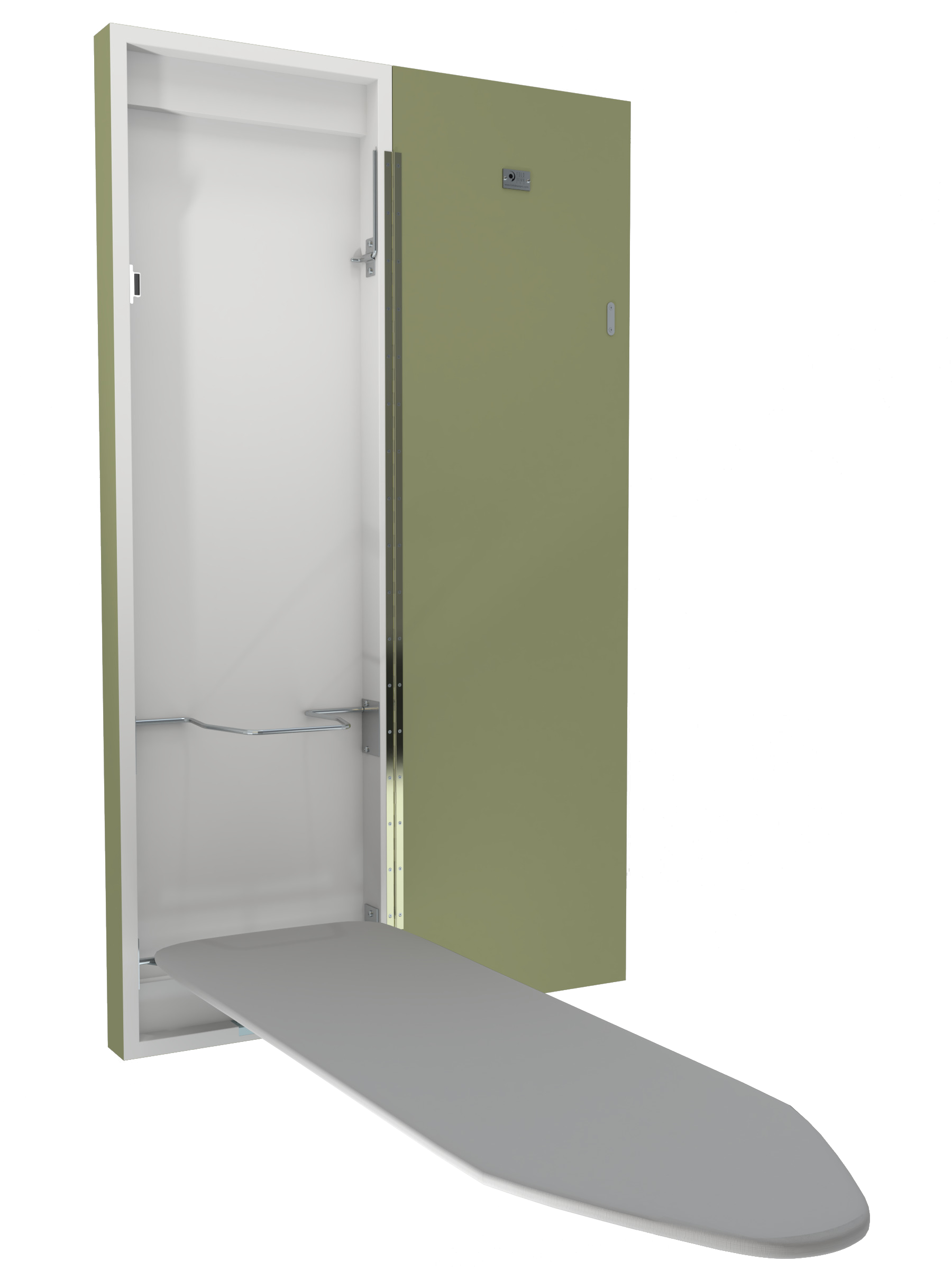 Deluxe Wall Mounted Ironing Board with Green (c. RGB 151,155,115) Cabinet
