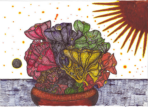 Fleurs dessin artistique couleurs encres permanent