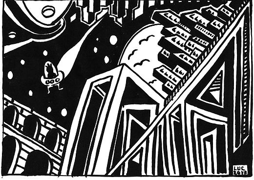 cités cosmiques dessin artistique noir et blanc
