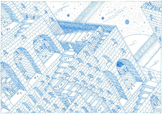 cité antigravite dessin artistique de couleur bleu