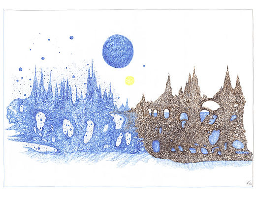 après la désolation dessin artistique niveaux de gris et bleu et jaune