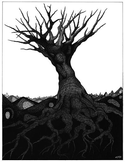 arbre dessin artistique niveaux de gris