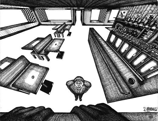 bar lugubre dessin artistique niveaux de gris