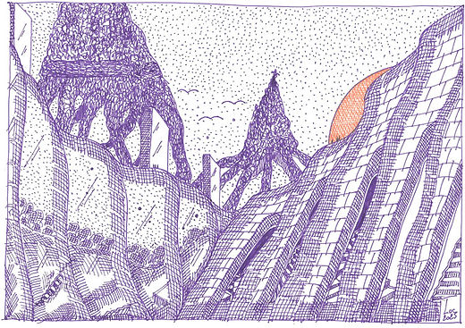 a l'aube des monolythes Dessin artistique violet orange