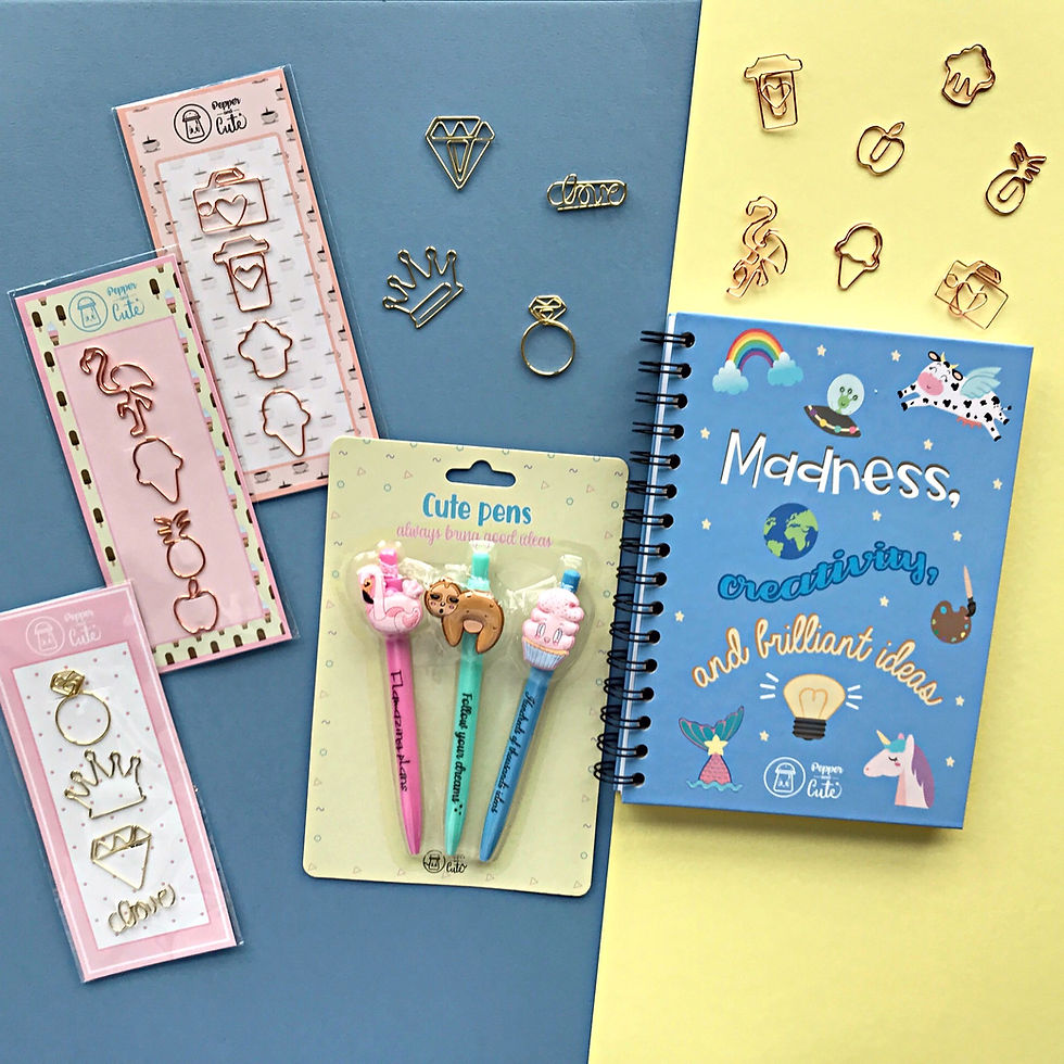 Stationery set with notebook, pens and paper clips