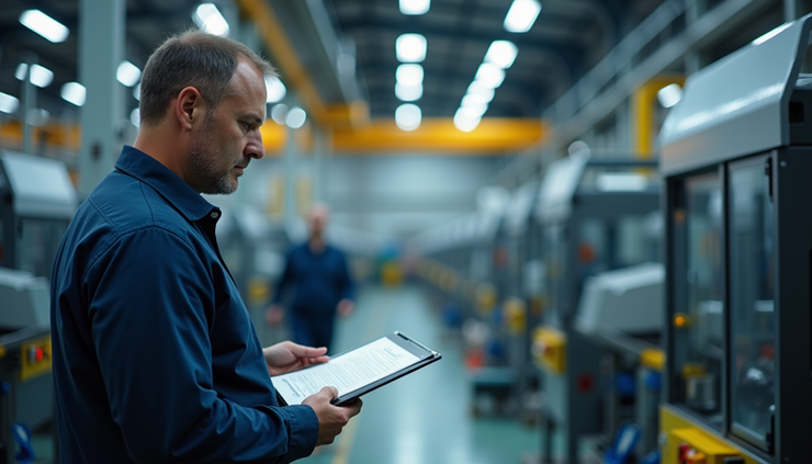 Eye-level view of an auditor inspecting manufacturing equipment in a supplier’s factory