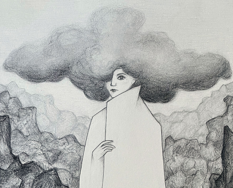 Thumbnail: Femme à la chevelure nuageuse dans un paysage rocheux, dessin surréaliste au crayon et fusain de Pauline Bailly.