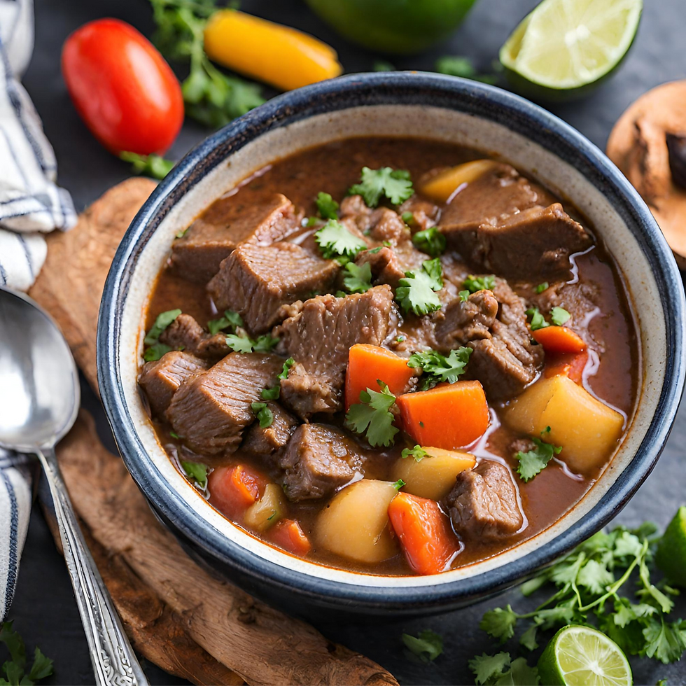A bowl of beef stew made up of meat, carrots, potatoes, and herbs. Fresh vegetables and a cutting board are nearby.