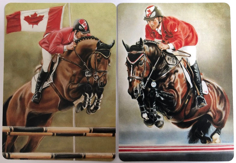 Horses & Canadian Jockey | Jumping Steeplechase Race Horse Racehorse Carnival | Canada Flag | Art Painting Swap Cards SINGLE