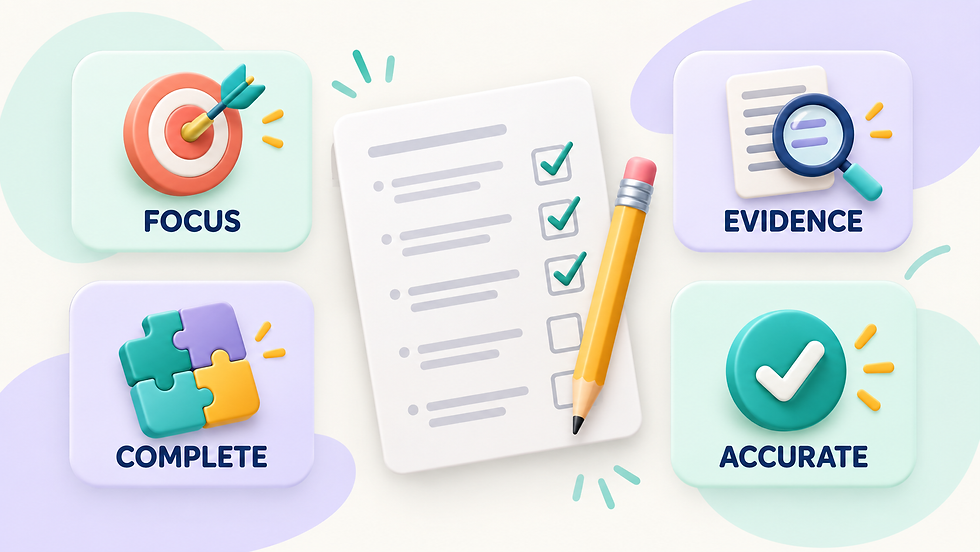 Final PSLE comprehension inference checklist covering focus, evidence, completeness and accuracy
