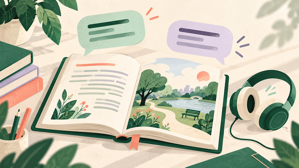 Open book, speech bubbles and headphones illustrating reading, speaking and listening practice