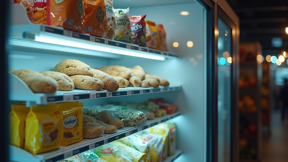 Eye-level view of a modern vending machine stocked with healthy snacks