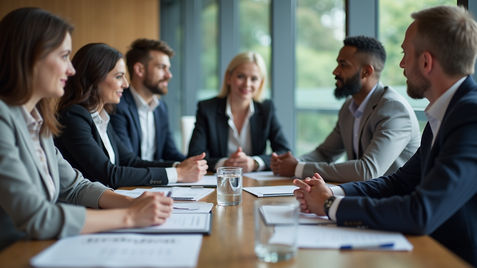 Eye-level view of a business meeting with diverse professionals discussing strategies