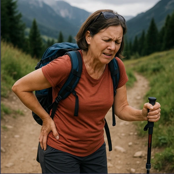 Woman pausing mid-hike with hand on hip, showing signs of gluteal tendinopathy discomfort