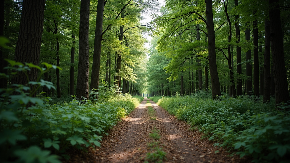 Wide angle view of a serene forest path