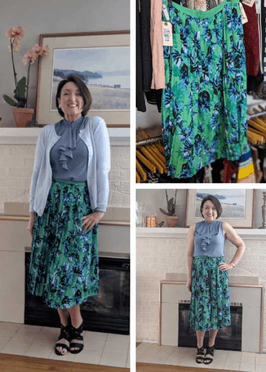 Banana Republic pleated skirt and cardigan outfit from consignment shop.