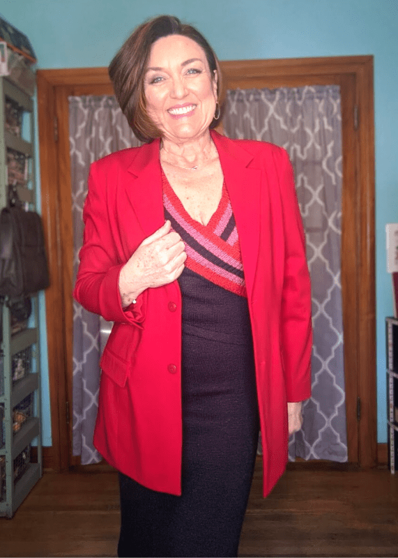 Red over sized blazer with a sweater dress outfit