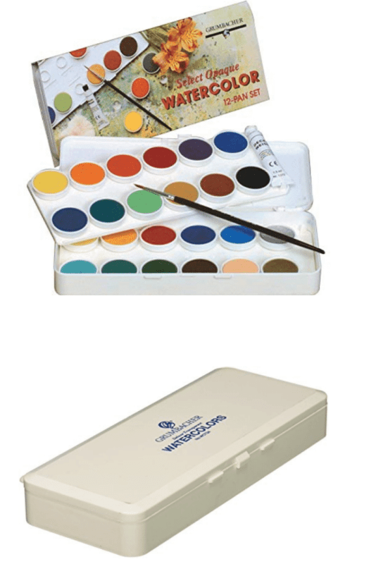 Grumbacher Transparent Watercolor Set. I like having both transparent and opaque watercolors at hand.