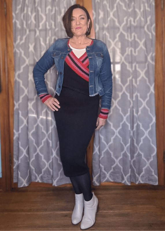 date night sweater dress outfit with denim jacket and white ankle boots