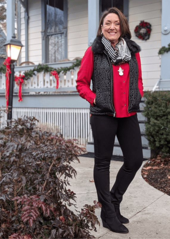 Flocked leopard print vest with removable faux fur collar was the PERFECT outerwear for shopping all day! Not too bulky but oh so cute! Dress it up with a holiday red blouse and plaid infinity scarf!