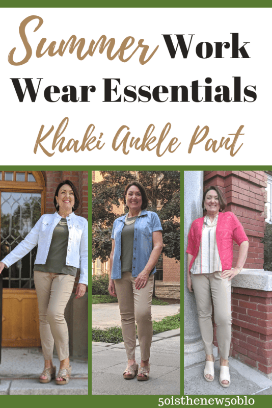 Summer work wear essential outfit ideas with khaki ankle pants.
