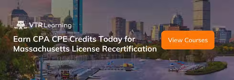 A call to action inviting Massachusetts CPAs to earn CPE with VTR Learning courses