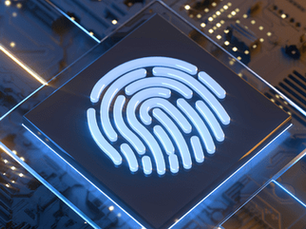 A highlighted image of a thumbprint on a computer chip for Cybersecurity Awareness Month