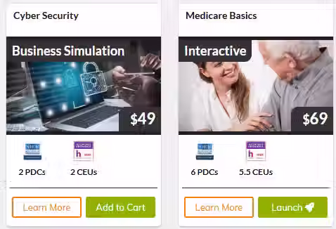 Two online course cards: Cyber Security ($49, Business Simulation) and Medicare Basics ($69, Interactive). Options: Learn More, Add to Cart/Launch.