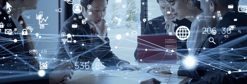 Different businesspeople speaking at a table, overlaid with different virtual business icons