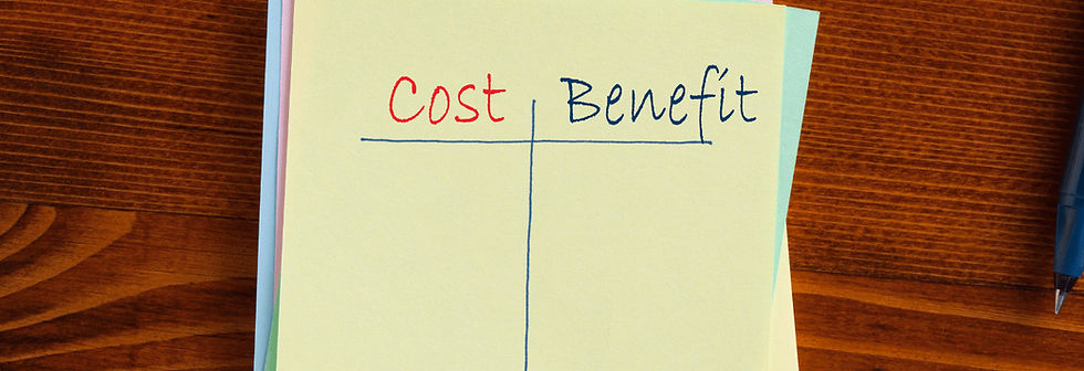 A stack of sticky notes with a chart for conducting a cost benefit analysis