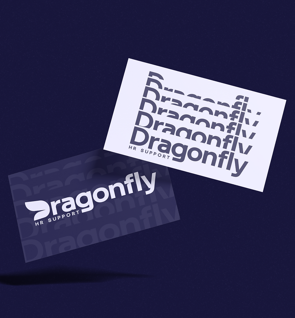 Two Dragonfly HR Support business cards on a dark navy background—one white card with a stacked, repeating “Dragonfly” wordmark in gray, and one translucent navy card featuring the bold white Dragonfly logo and subtle repeated text pattern.