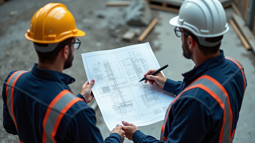 High angle view of engineers reviewing blueprints on a construction site