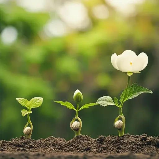 Three stages of a flower blooming from the ground. The seed sits in the middle of the stem