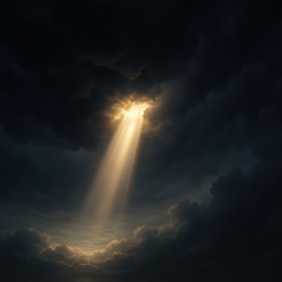 A dark cloudy sky with sun peeking through the thick clouds symbolizing hope