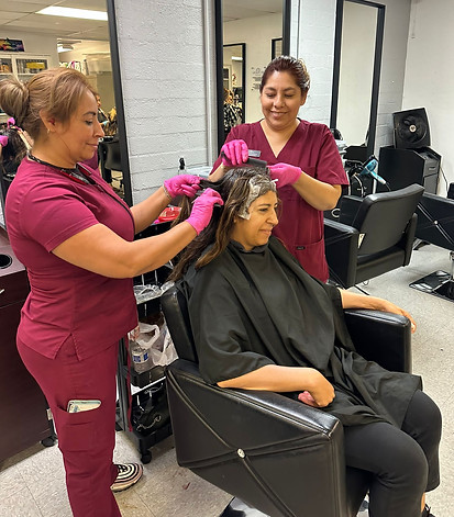 Blossom Beauty College Cosmetology Students and Client
