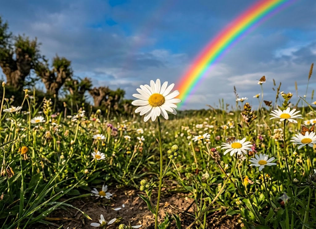 a clear blue sky sits above a field of daisies with a rainbow in the distance.
