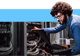 Man working on computer network on blue background