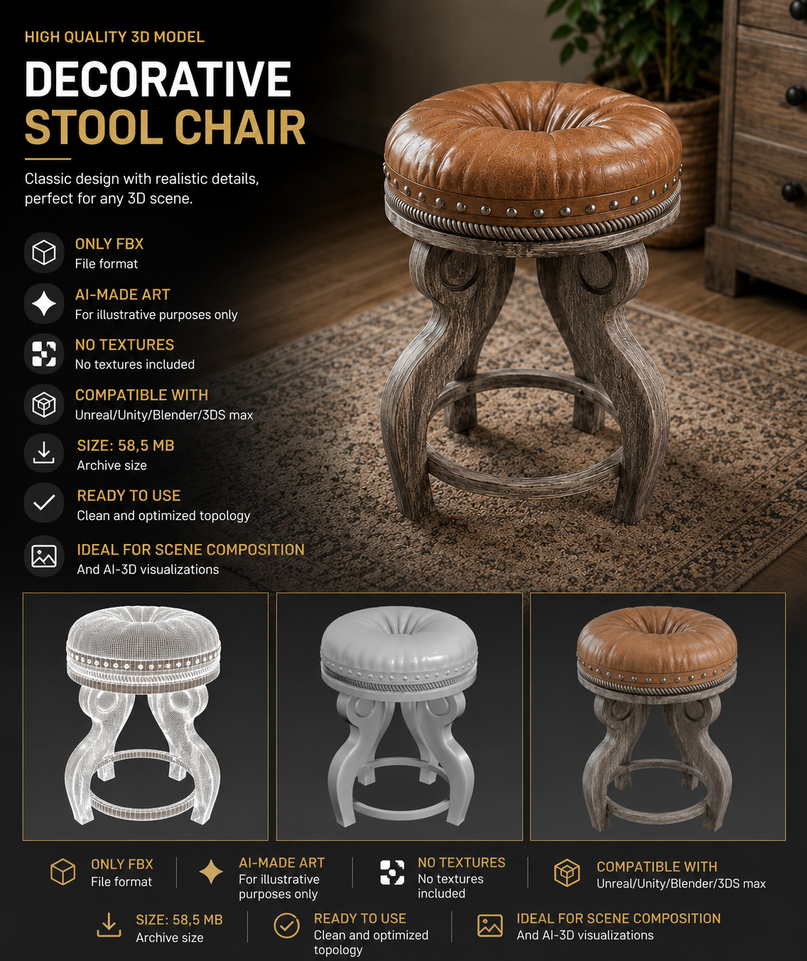 Decorative Stool Chair – Classic Design (High-Quality 3D Model)