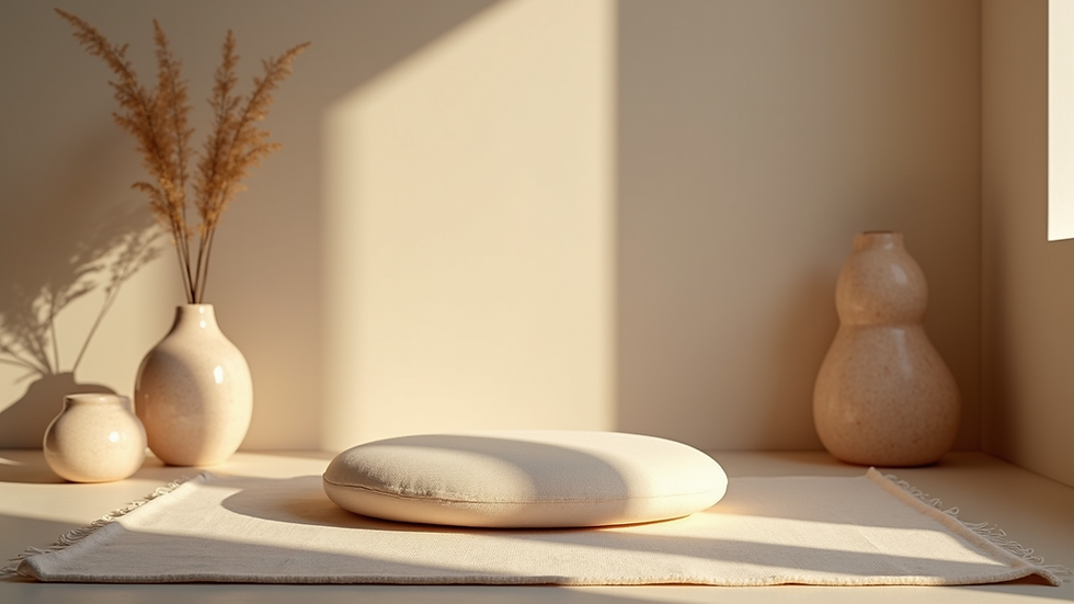 Close-up view of a serene meditation space with soft lighting and calming decor