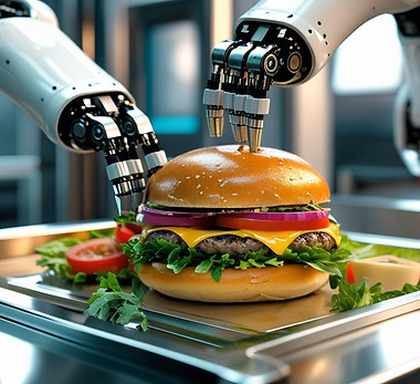 A detailed close-up shot of robotic arms precisely assembling a gourmet burger, showcasing