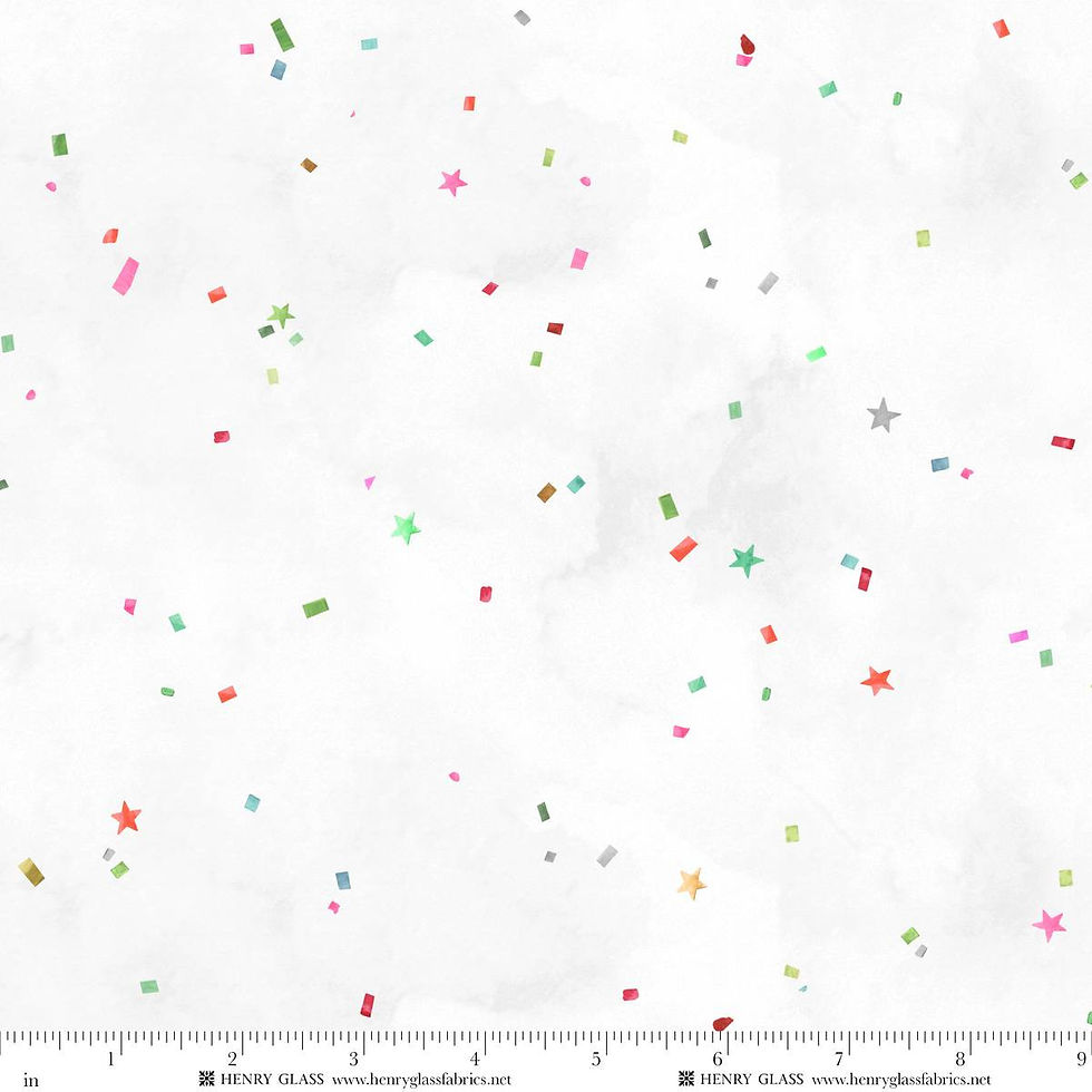 Rainbow Confetti Tissue minky by Goldi L. Studio for Henry Glass, with colorful stars and confetti on a white background.