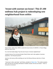 Sheryl Vickers stands in front of two mid-century office buildings at 2108-2110 W. 75th St. in Prairie Village, which feature a new tarragon blue exterior with wood trim. This $1.4 million redevelopment project, led by Vickers and 21 other women, is transforming the once-neglected structures into a wellness hub called CURATED.