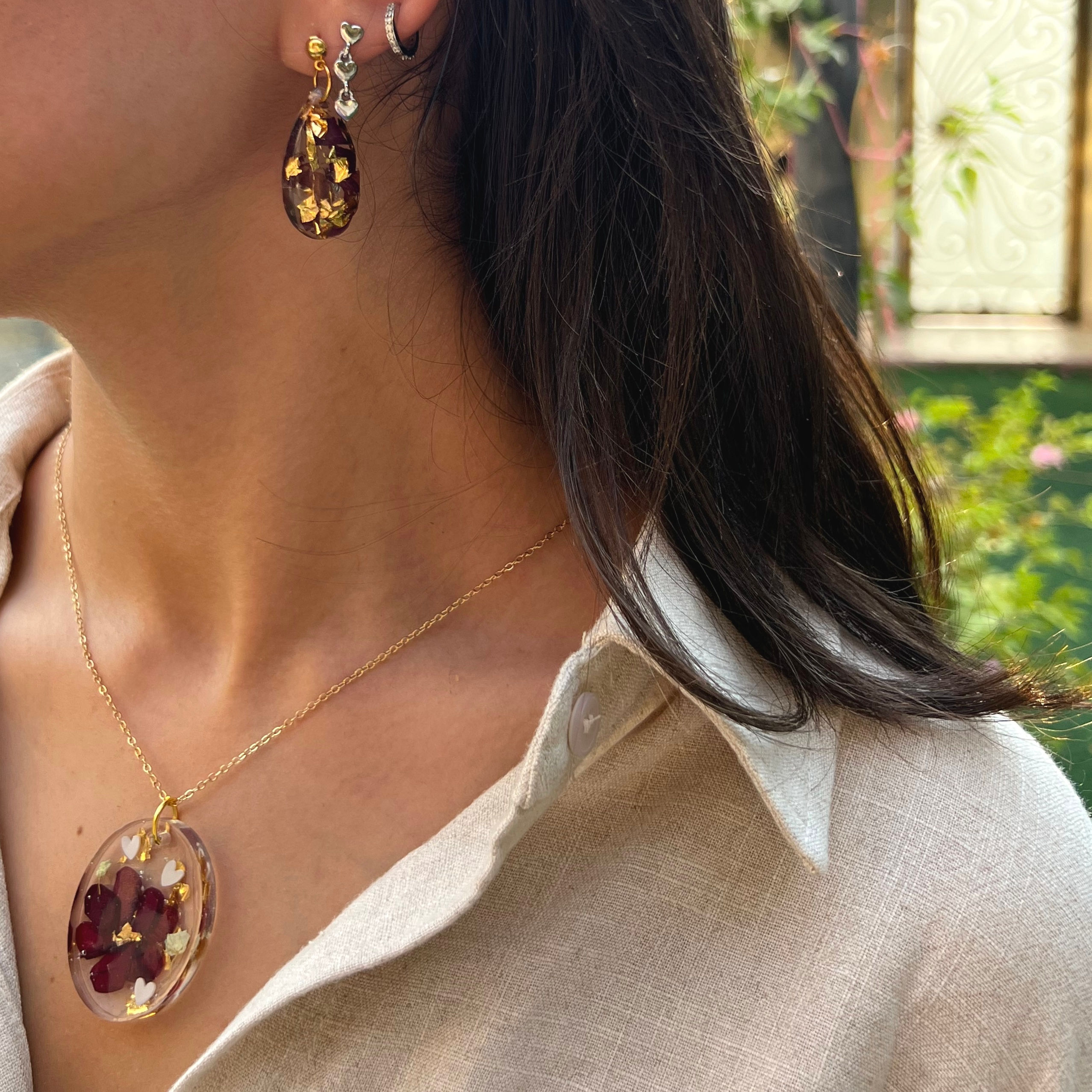 Flower oval necklace and earrings bundle