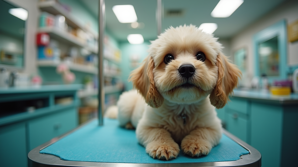 Eye-level view of a pet grooming station inside a local pet store