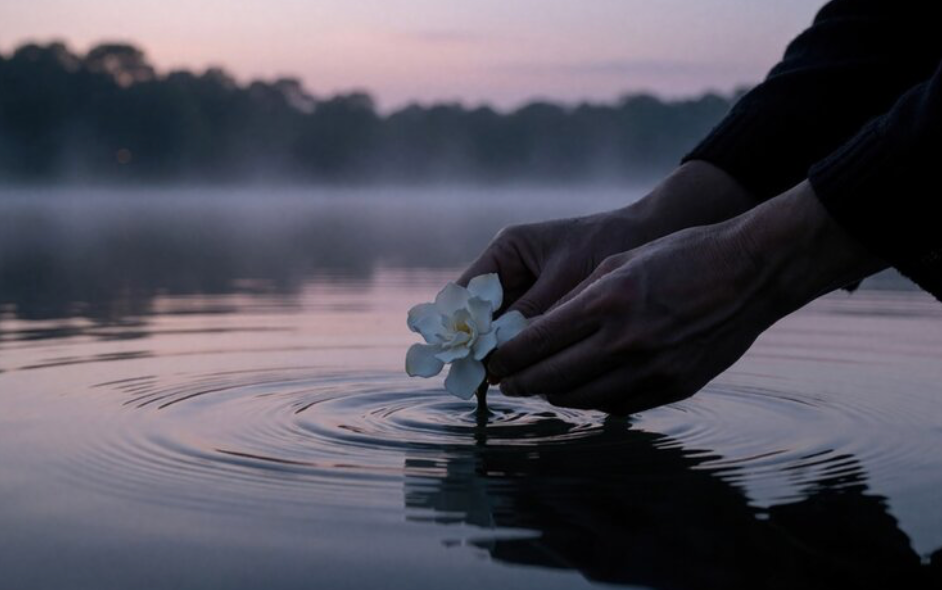 Hands gently place a white flower on misty lake water at dusk, creating ripples against a dark treeline.