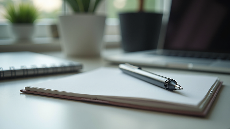 Close-up view of a modern workspace with a laptop and notepad