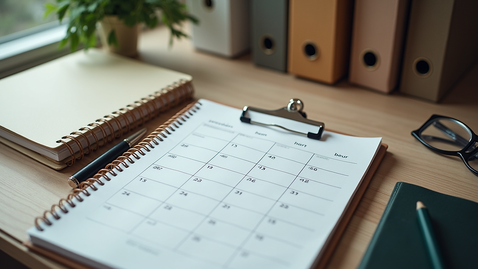 High angle view of a modern workspace with organized files and a planner